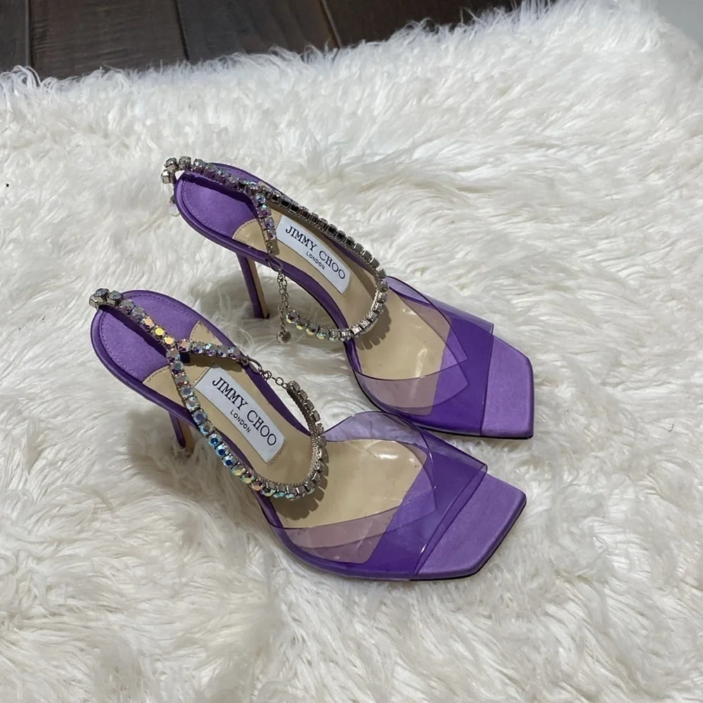 Jimmy Choo Saeda 100 Crystal embellished PVC & satin‎ sandals size 38EU